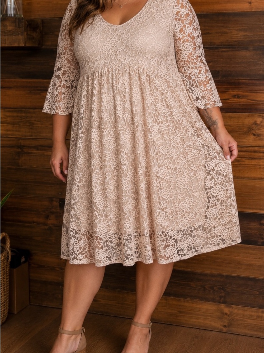 Jody California XL Plus Size Lace Midi Dress in Blush Tan White